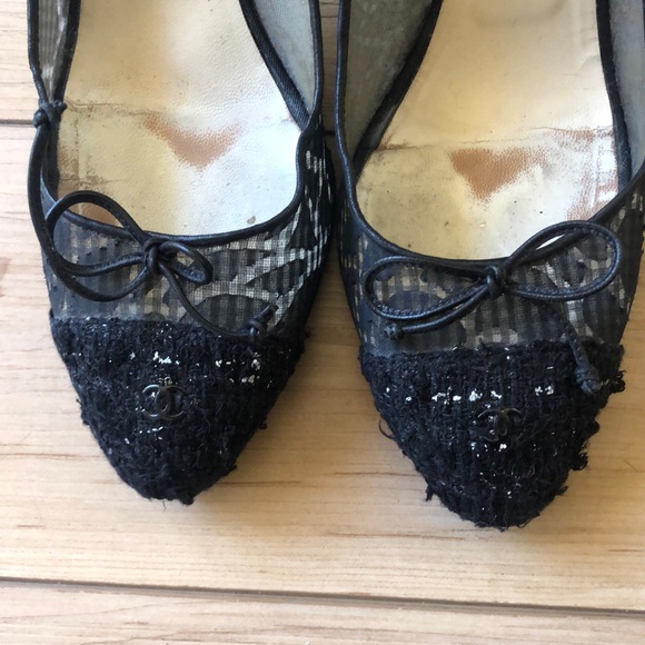 Chanel tweed top camellia mesh sheer pumps 39 US8 - Picture 2 of 12